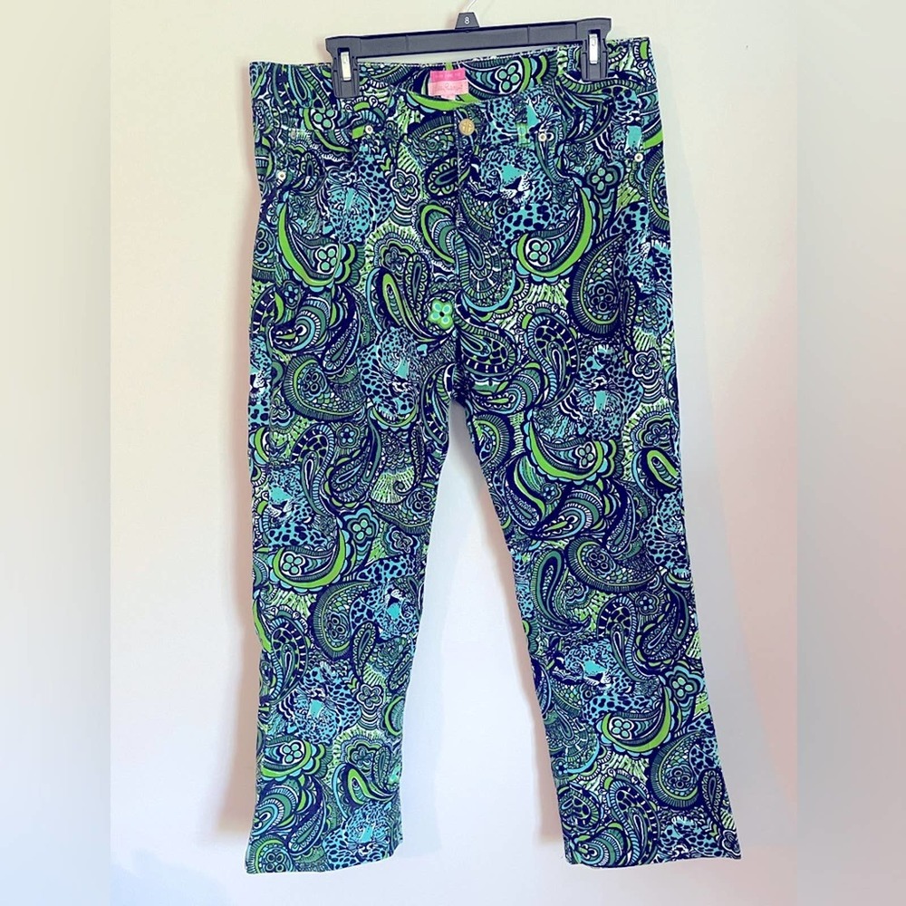 Lilly Pulitzer Pants Size 14 Main Line Fit Corduroy Paisley Green and Navy EUC